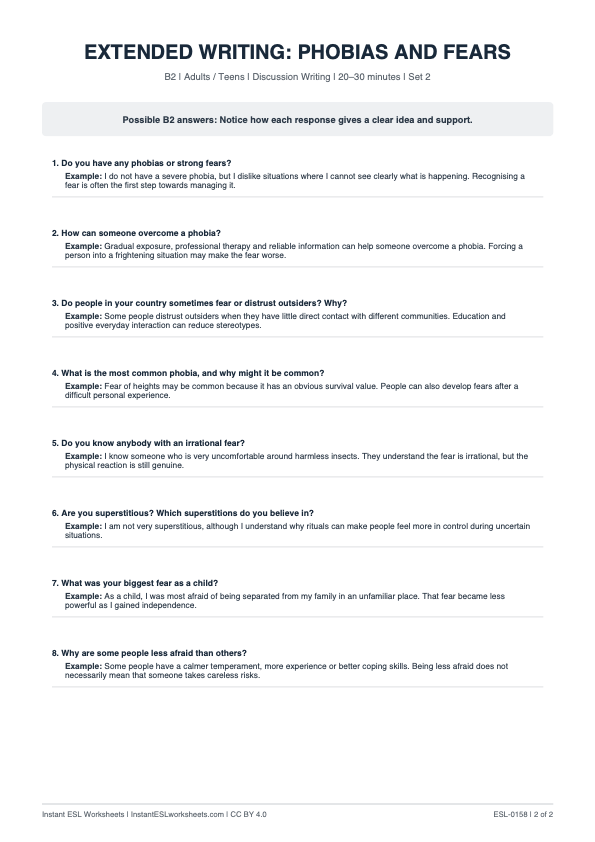 Page 2 of Phobias And Fears - answer key