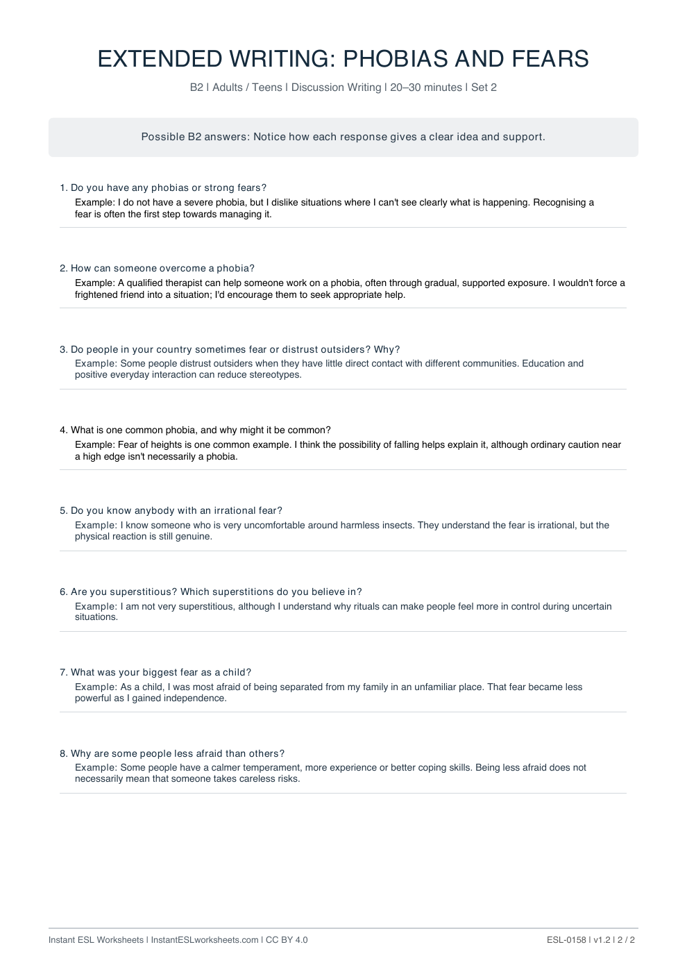 Page 2 of Phobias And Fears - answer key