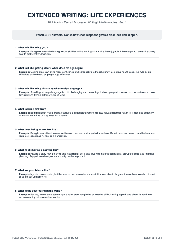 Page 2 of Life Experiences - answer key