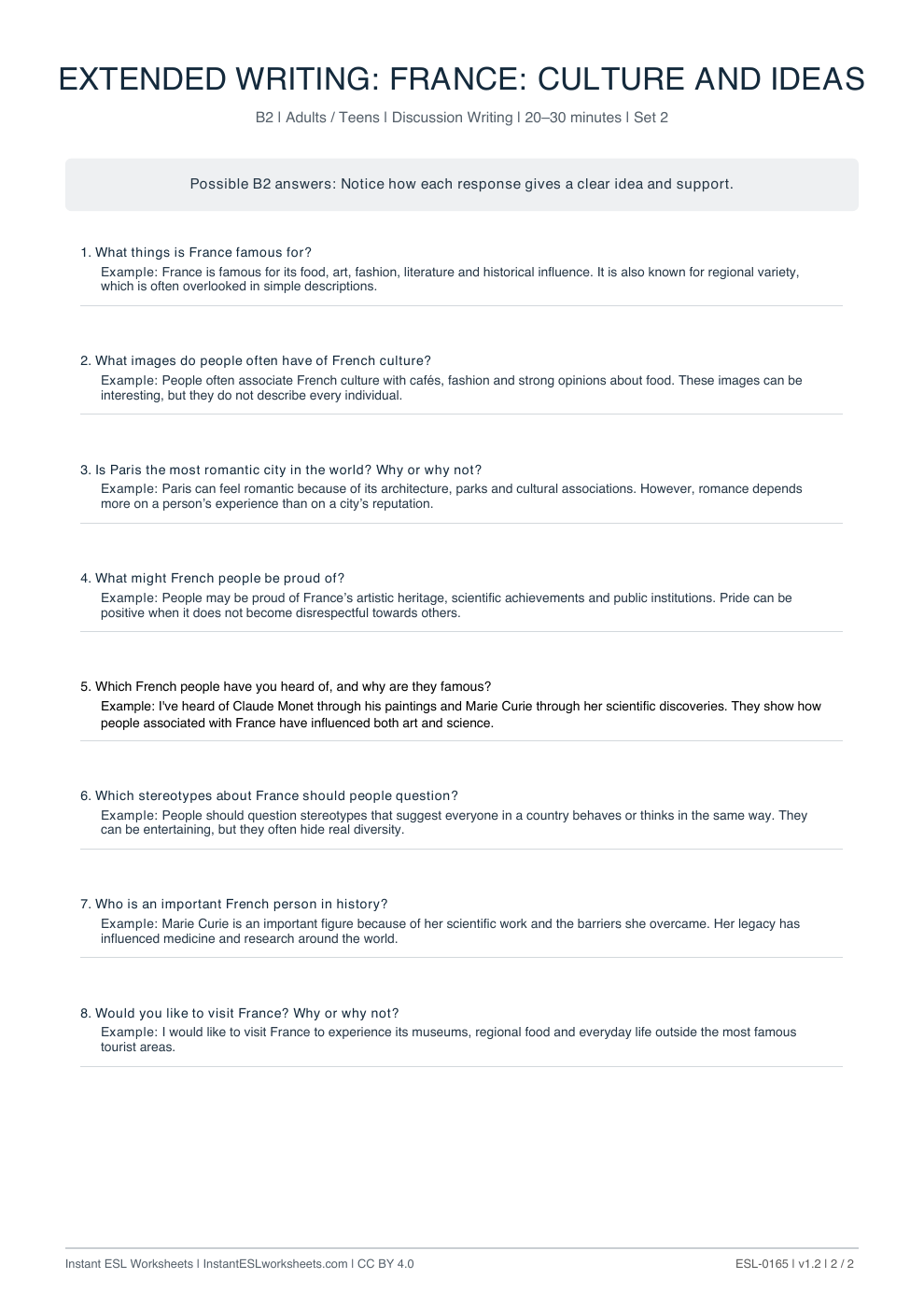 Page 2 of France Culture And Ideas - answer key