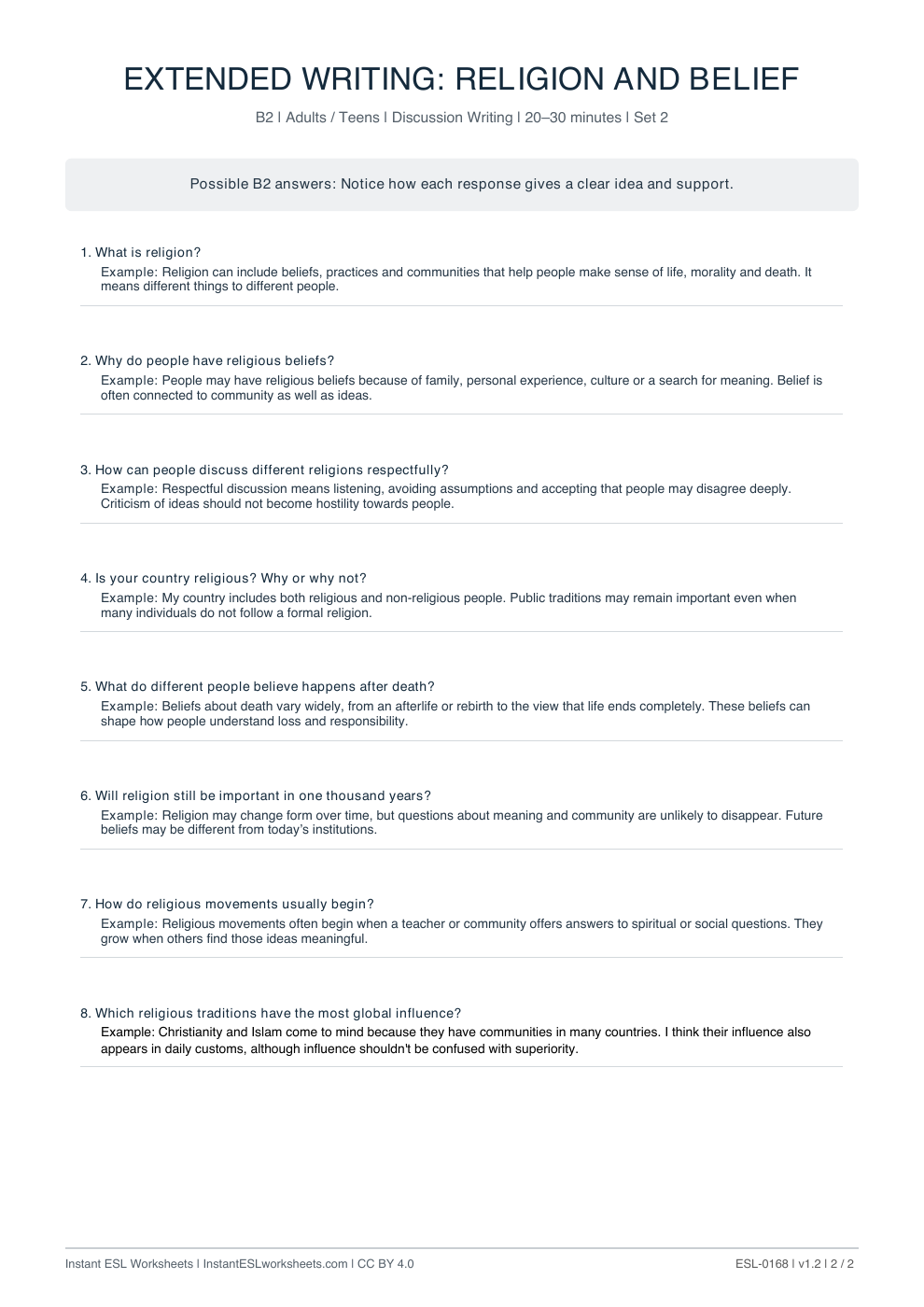 Page 2 of Religion And Belief - answer key