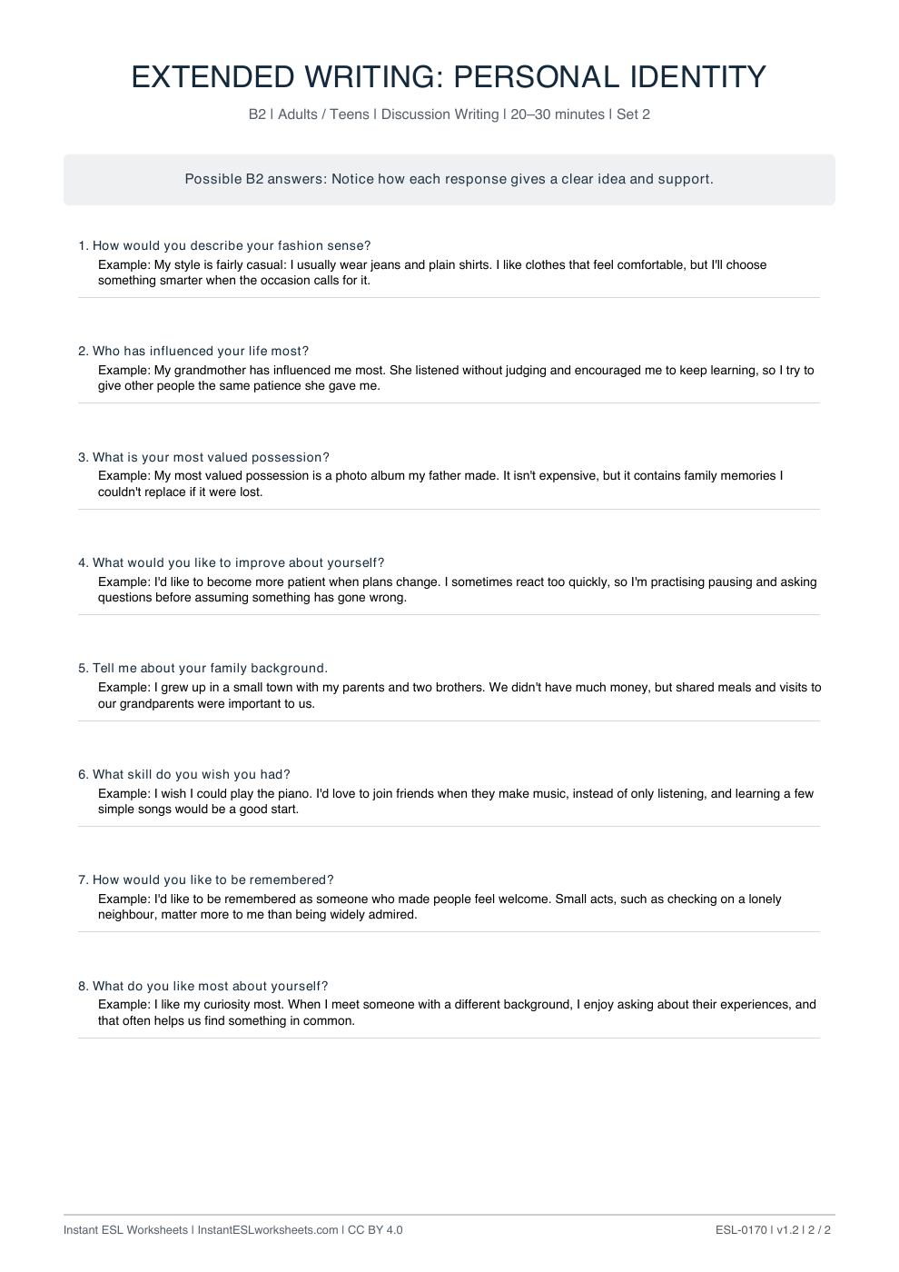 Page 2 of Personal Identity - answer key
