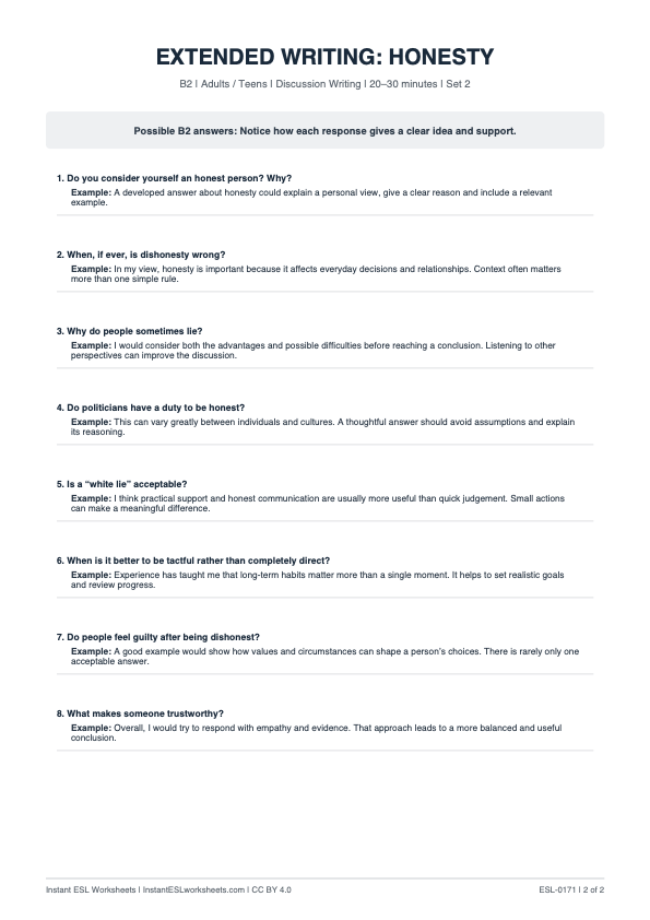 Page 2 of Honesty - answer key