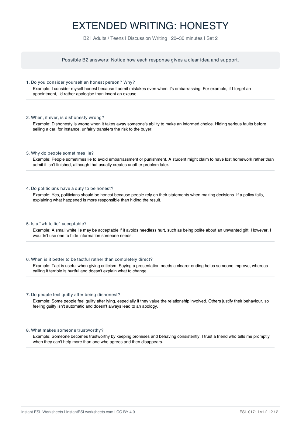 Page 2 of Honesty - answer key