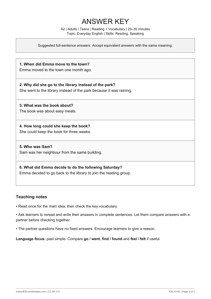 Page 3 of A New Saturday Plan - answer key