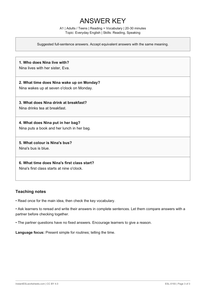 Page 3 of My Morning - answer key