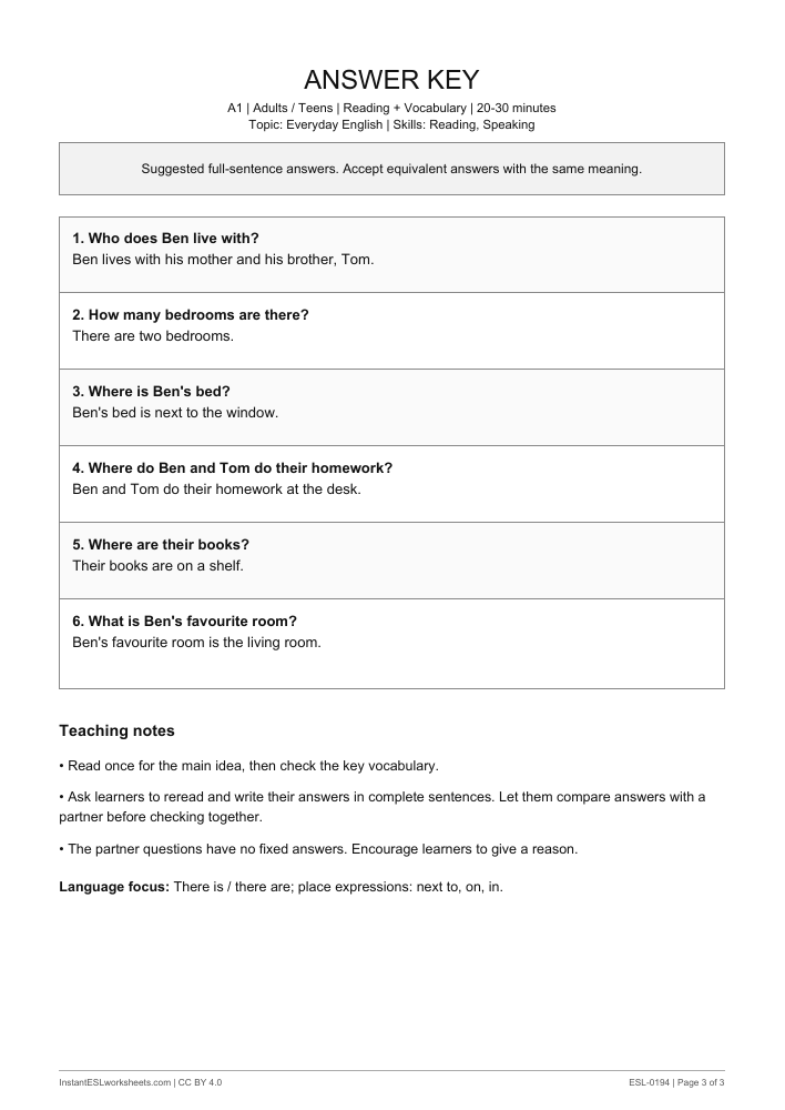 Page 3 of Our New Home - answer key