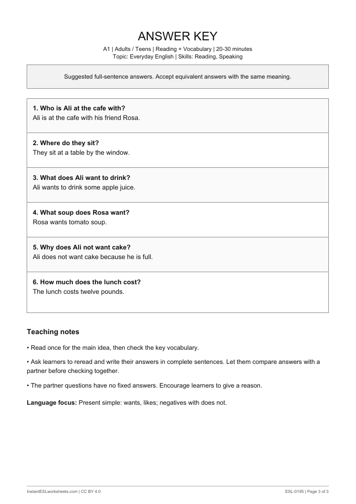 Page 3 of Lunch at the Cafe - answer key