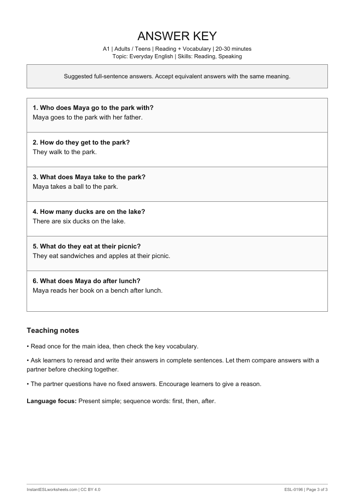 Page 3 of Sunday in the Park - answer key