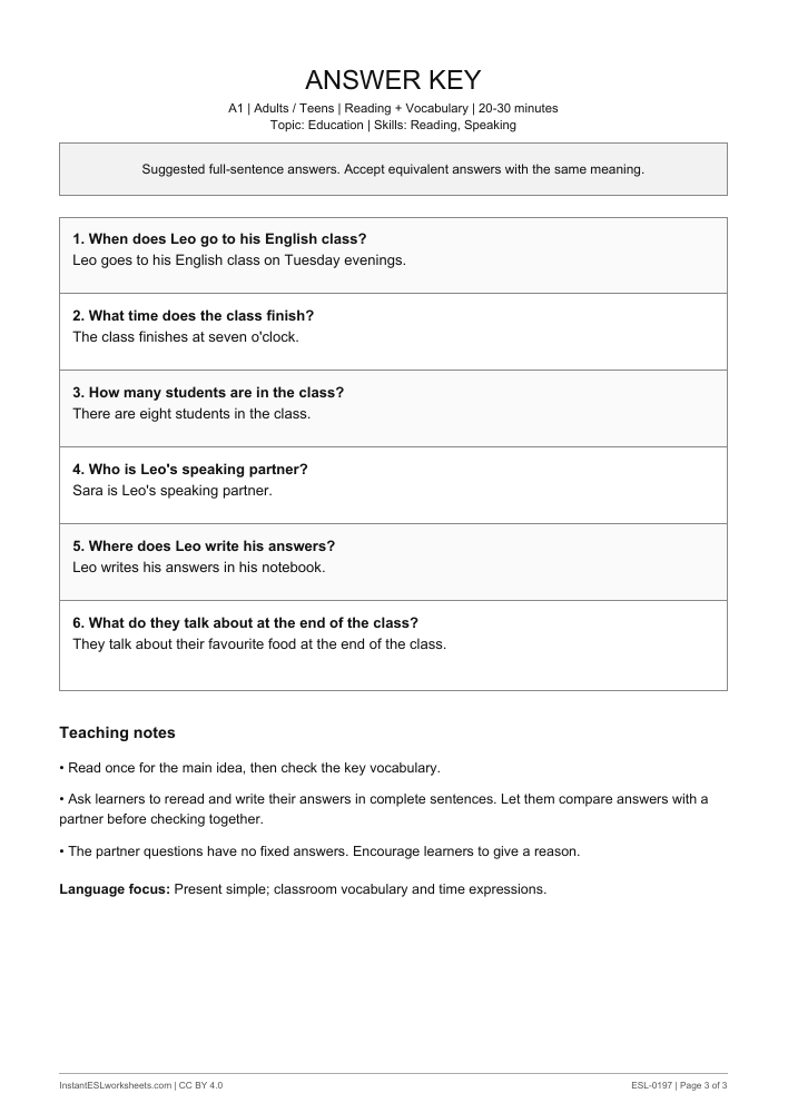 Page 3 of My English Class - answer key