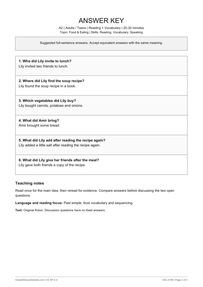 Page 3 of Cooking for Friends - answer key