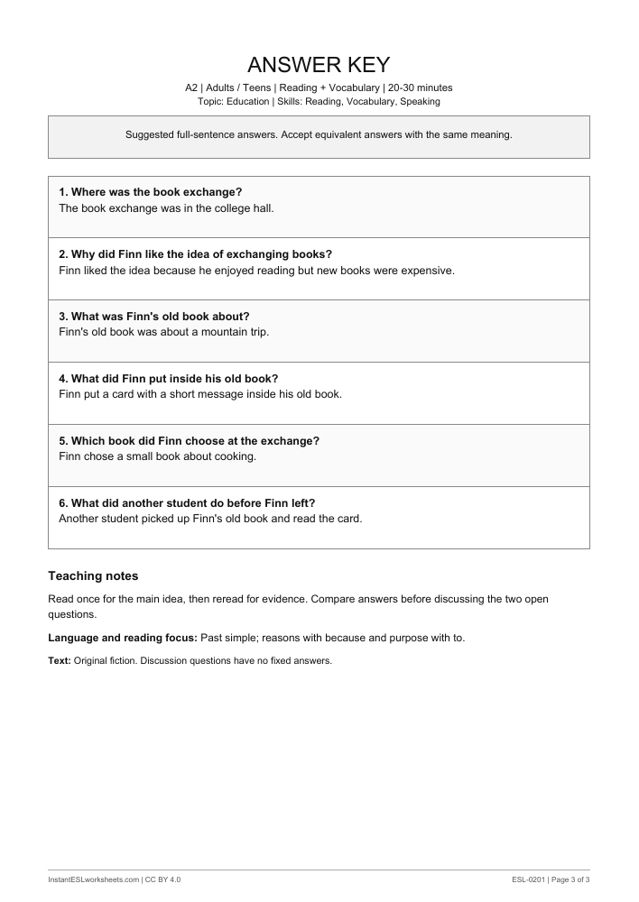 Page 3 of The Book Swap - answer key