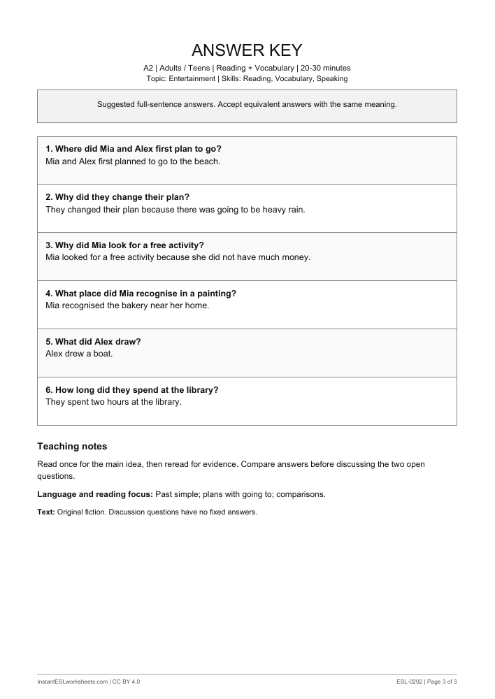 Page 3 of Plans for a Rainy Weekend - answer key