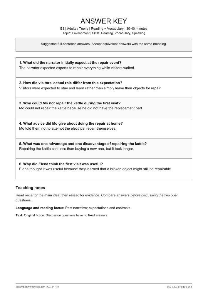 Page 3 of The Repair Table - answer key