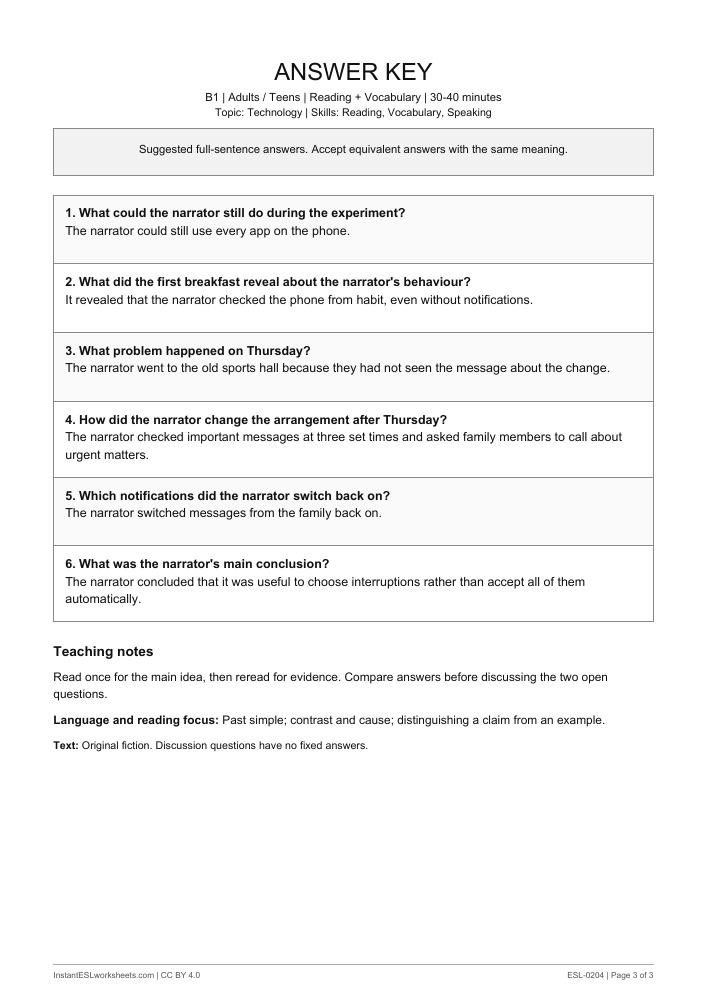 Page 3 of A Week Without Notifications - answer key