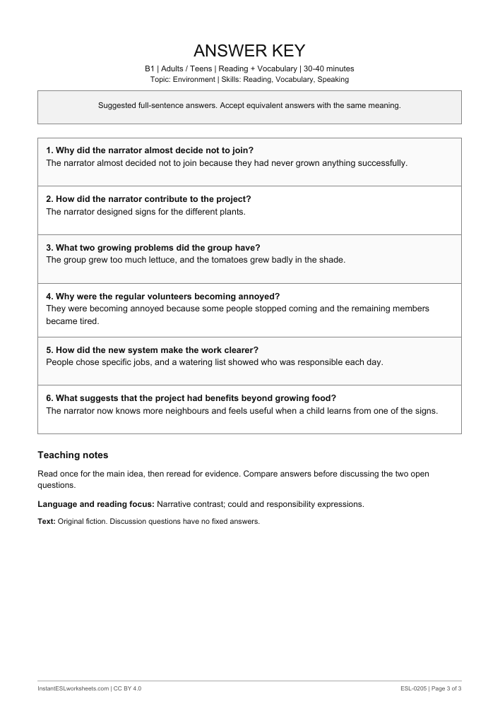 Page 3 of The Garden Behind the Station - answer key