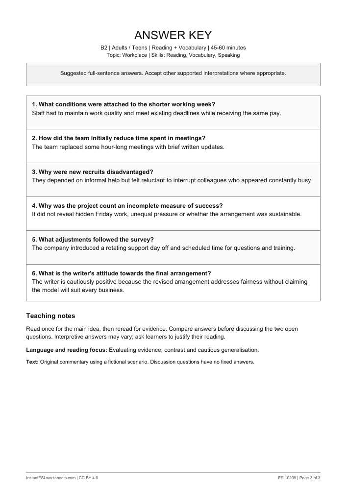 Page 3 of The Four-Day Experiment - answer key