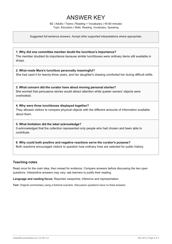 Page 3 of A Museum of Ordinary Things - answer key