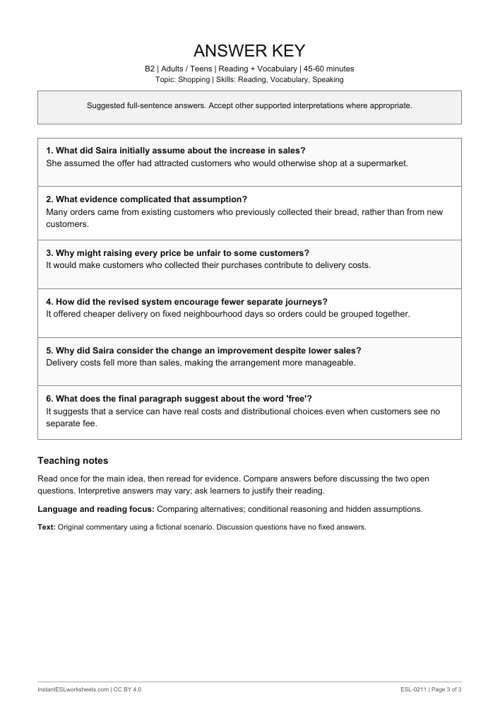 Page 3 of The Price of Free Delivery - answer key