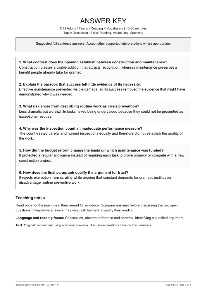 Page 3 of The Quiet Work of Maintenance - answer key