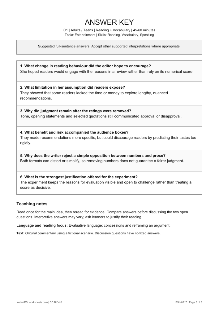 Page 3 of A Review with No Stars - answer key