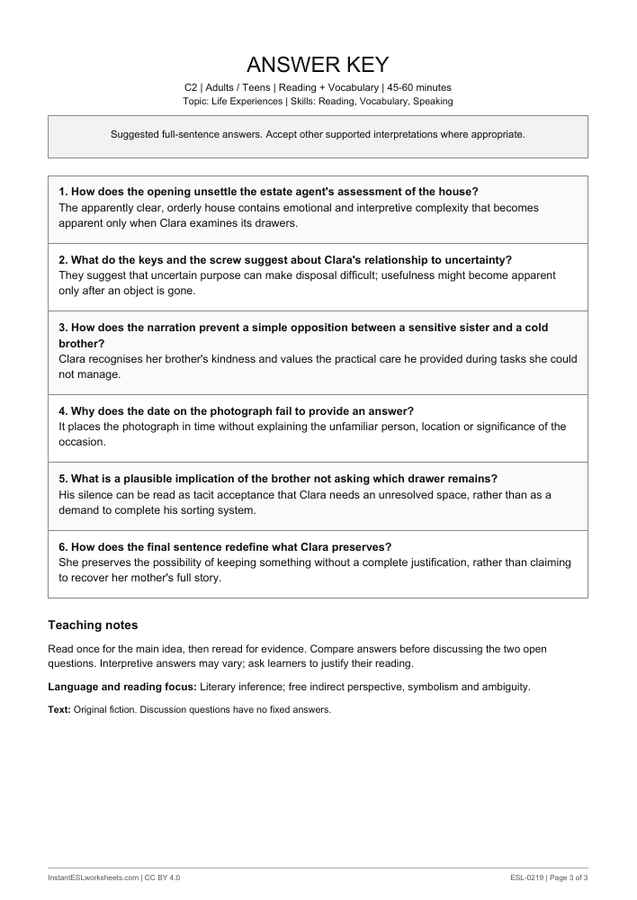 Page 3 of The Drawer She Left Closed - answer key