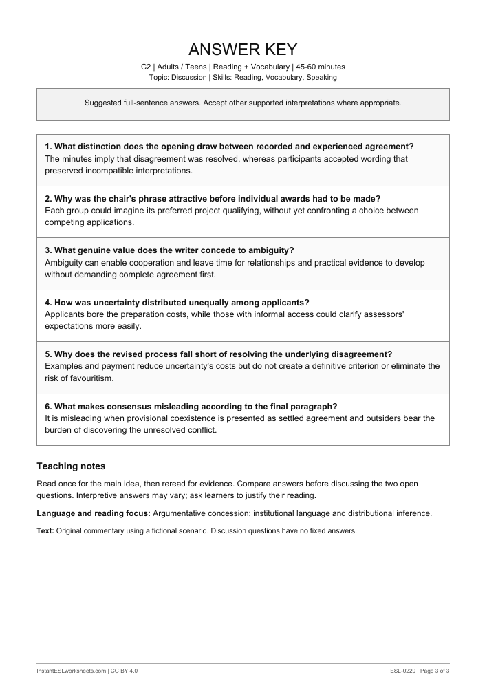 Page 3 of Agreement in the Minutes - answer key