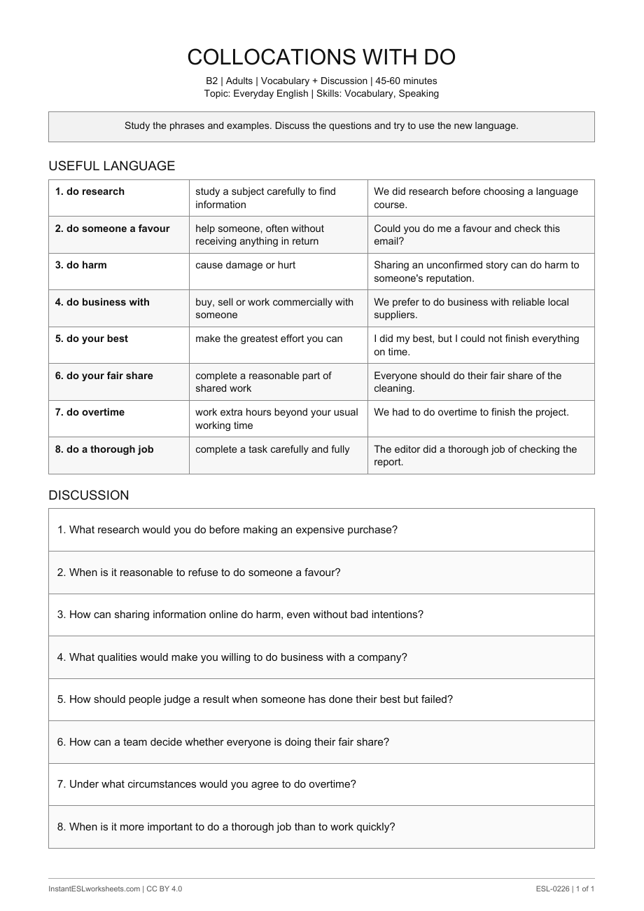 Page 1 of Collocations with DO