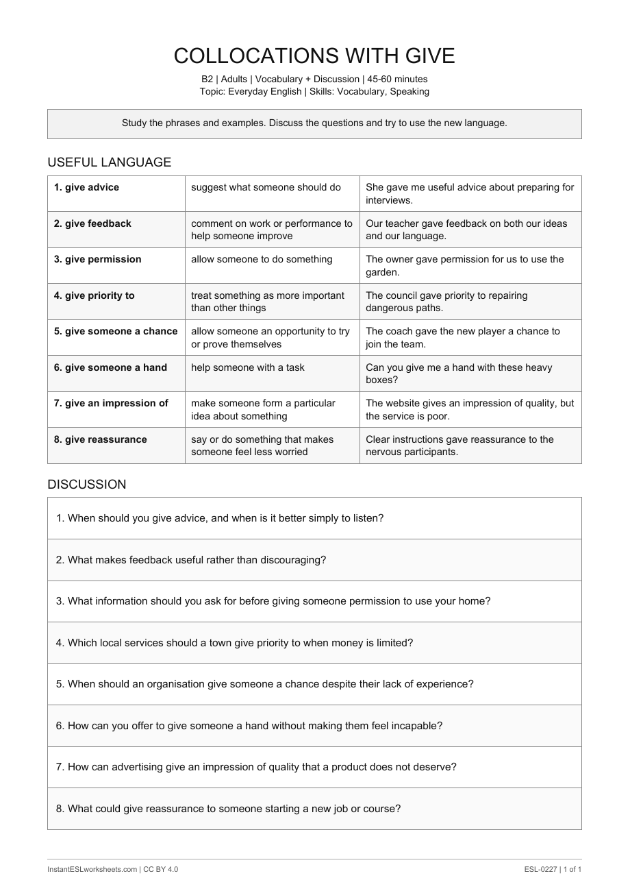 Page 1 of Collocations with GIVE