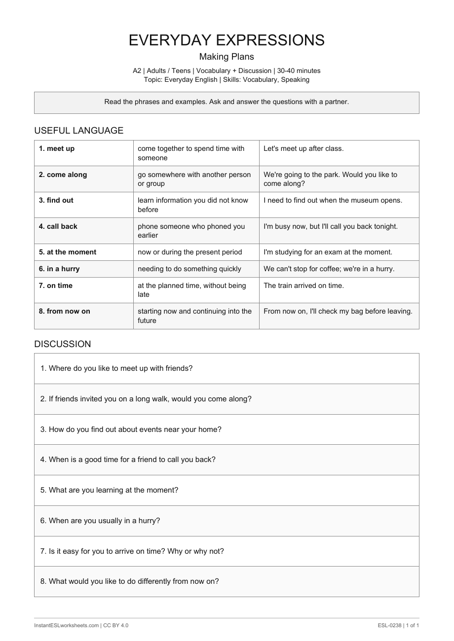 Page 1 of Everyday Expressions: Making Plans