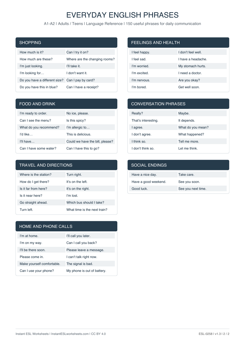 Page 2 of Everyday English Phrases Reference