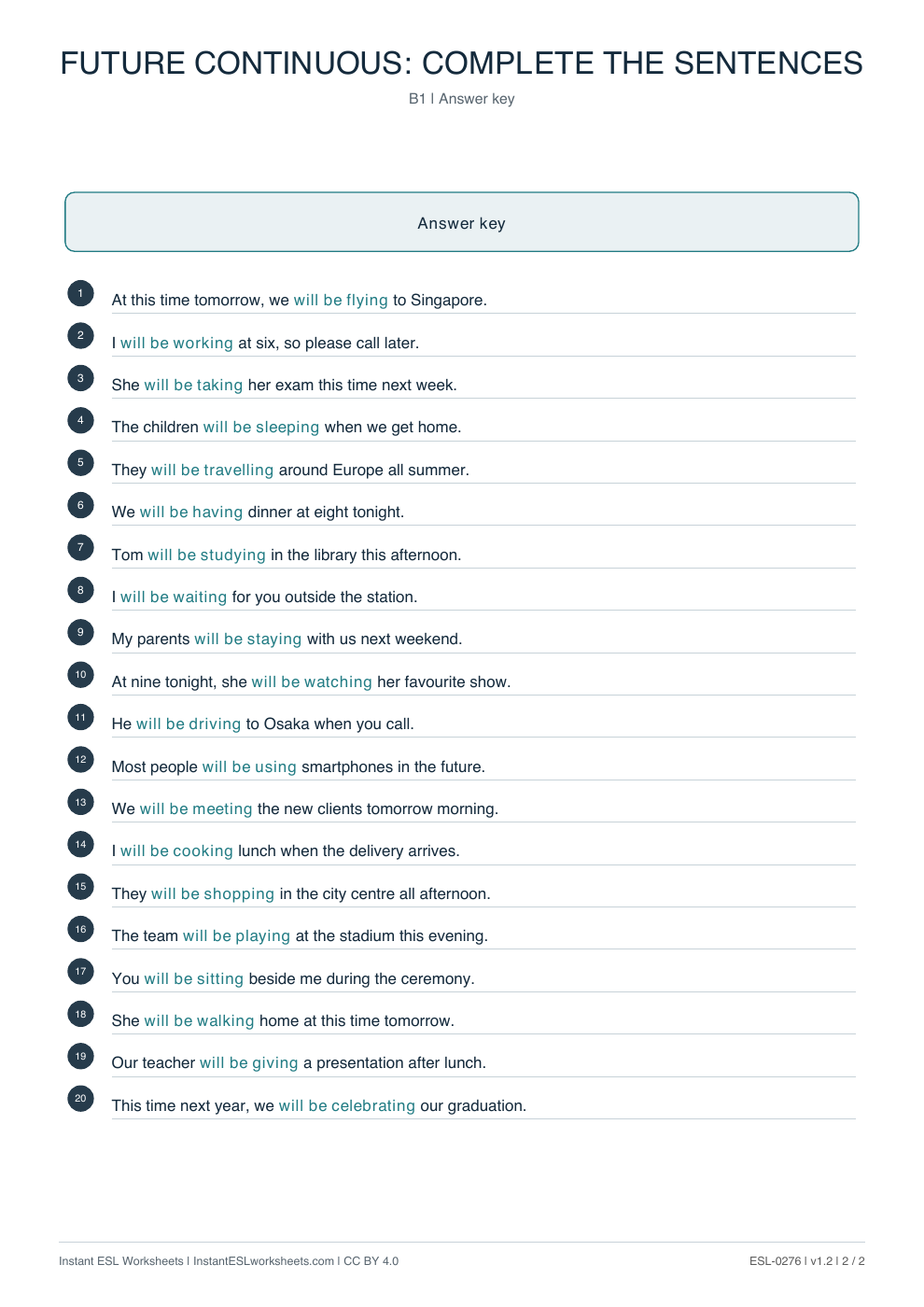 Page 2 of Future Continuous: Complete the Sentences - answer key