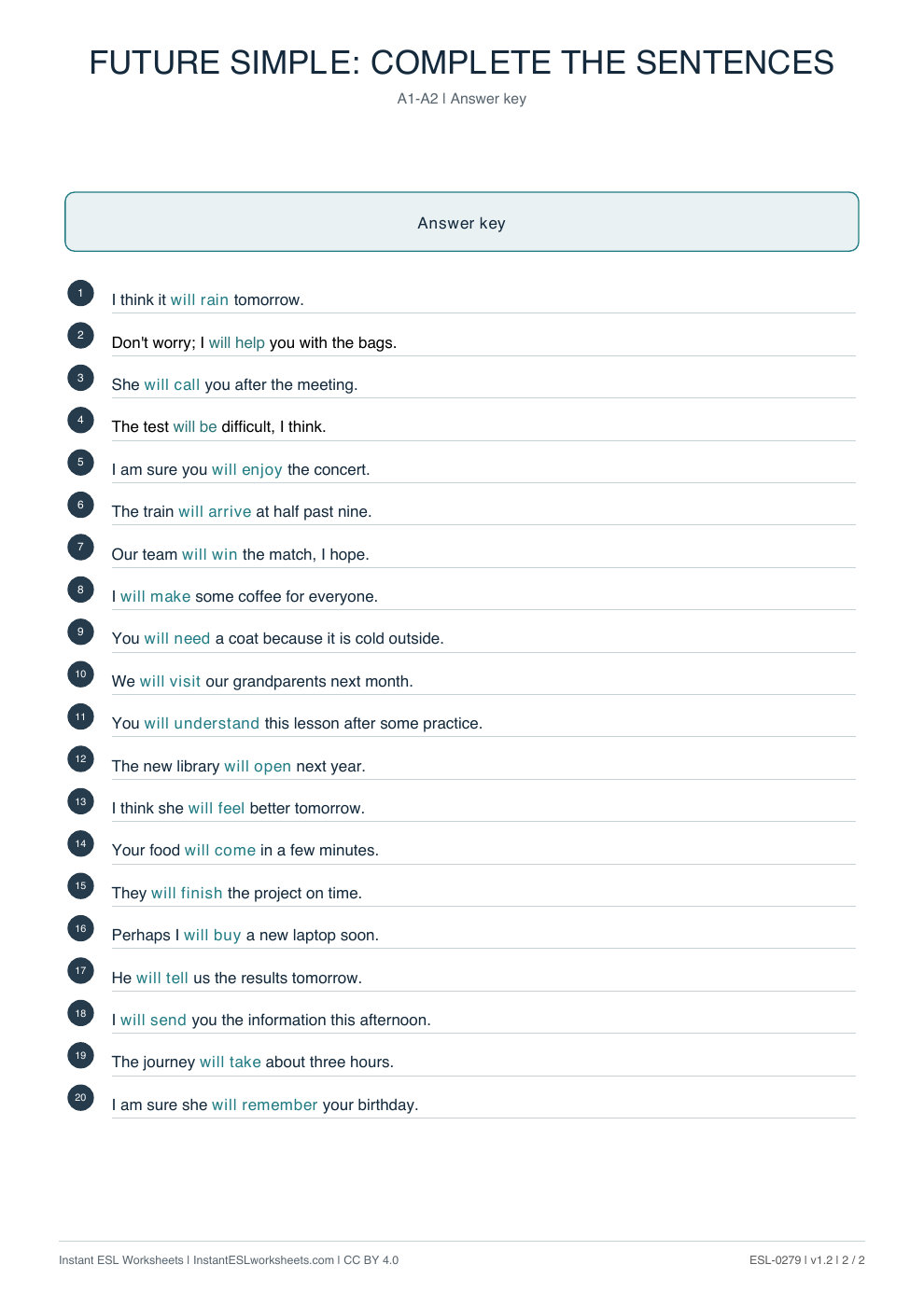 Page 2 of Future Simple: Complete the Sentences - answer key