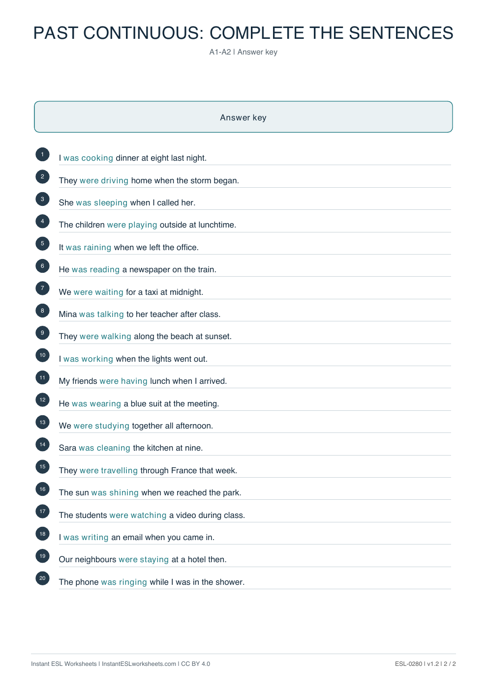 Page 2 of Past Continuous: Complete the Sentences - answer key