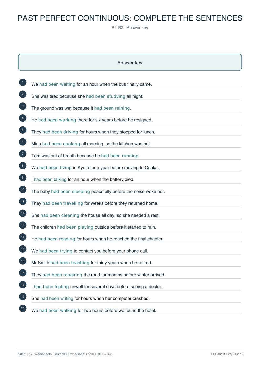 Page 2 of Past Perfect Continuous: Complete the Sentences - answer key