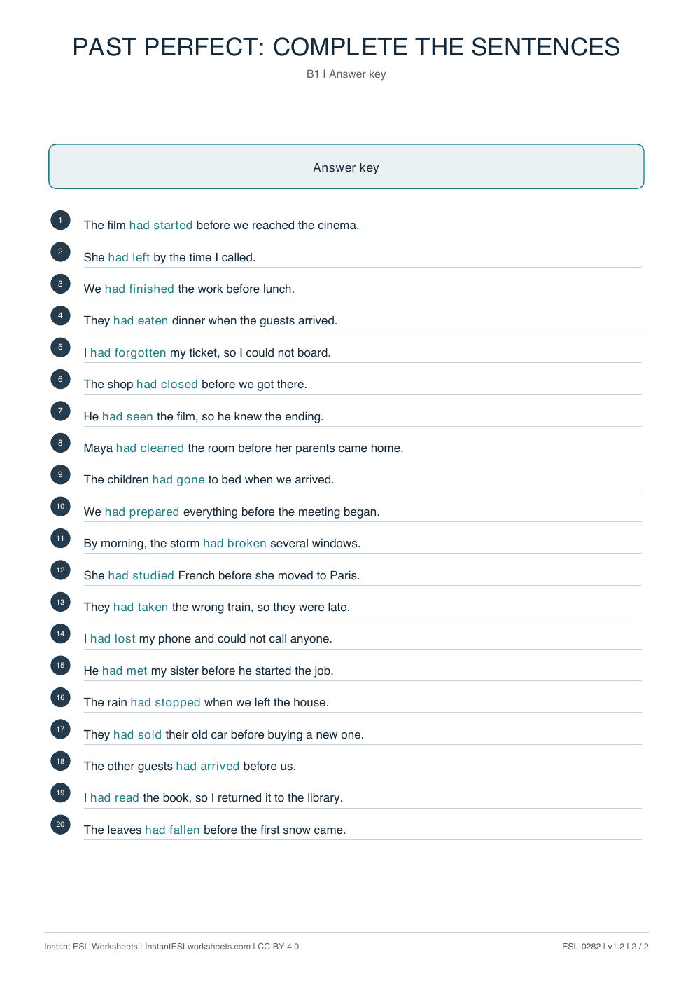 Page 2 of Past Perfect: Complete the Sentences - answer key