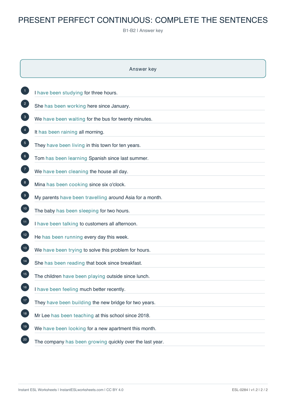 Page 2 of Present Perfect Continuous: Complete the Sentences - answer key