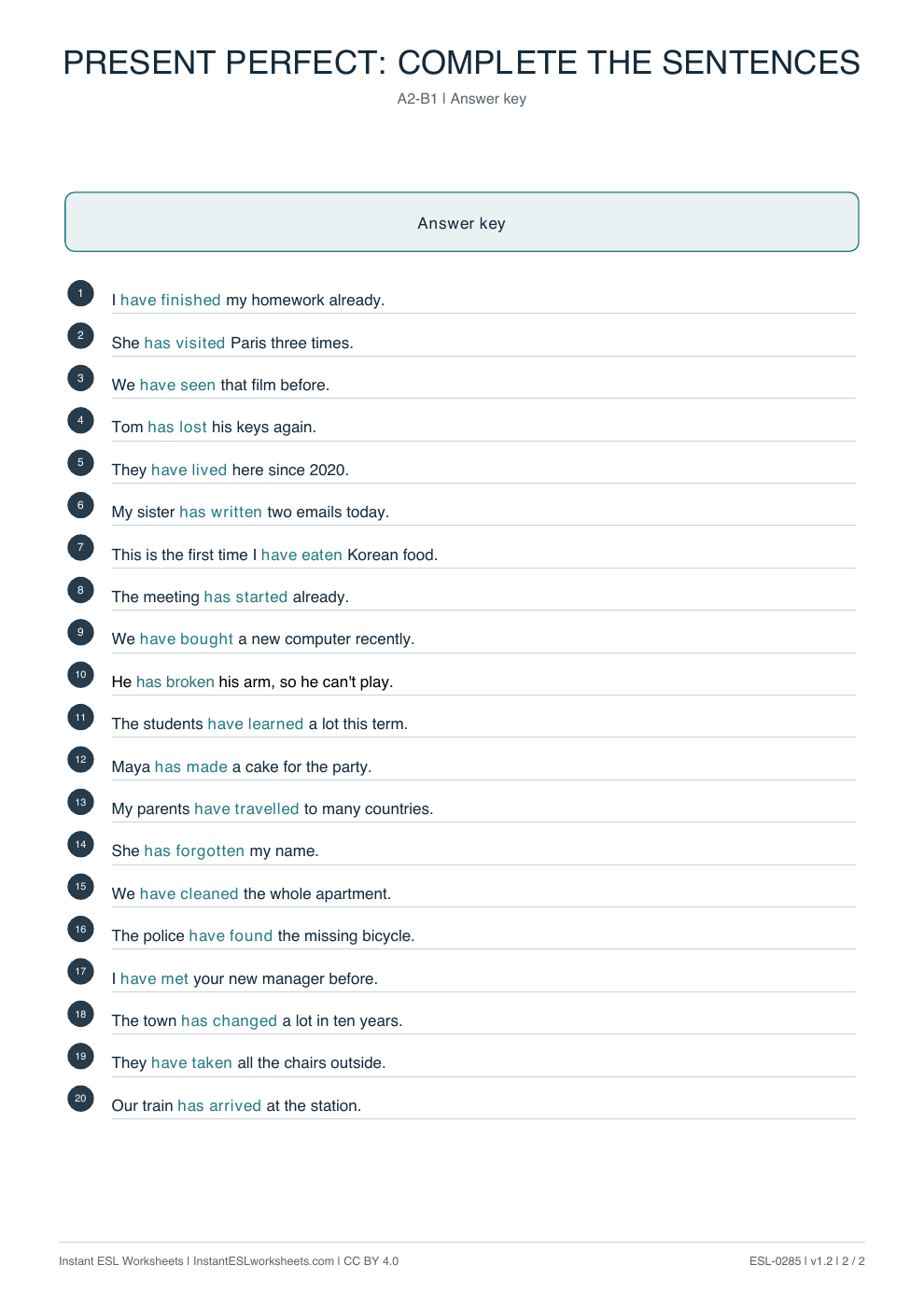 Page 2 of Present Perfect: Complete the Sentences - answer key