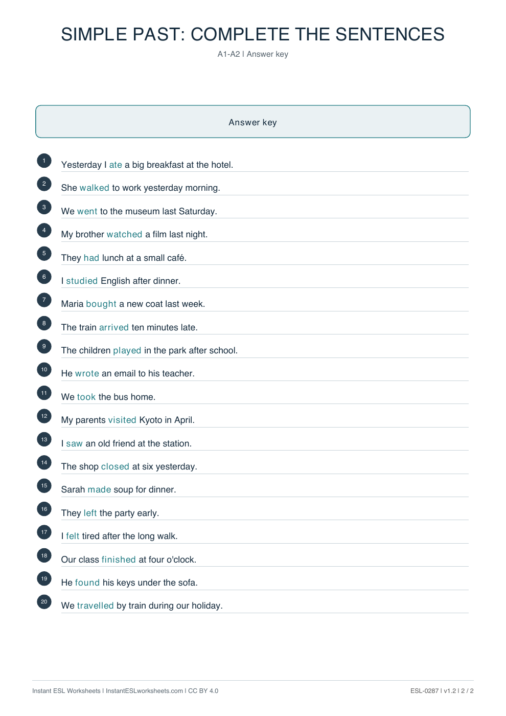Page 2 of Simple Past: Complete the Sentences - answer key