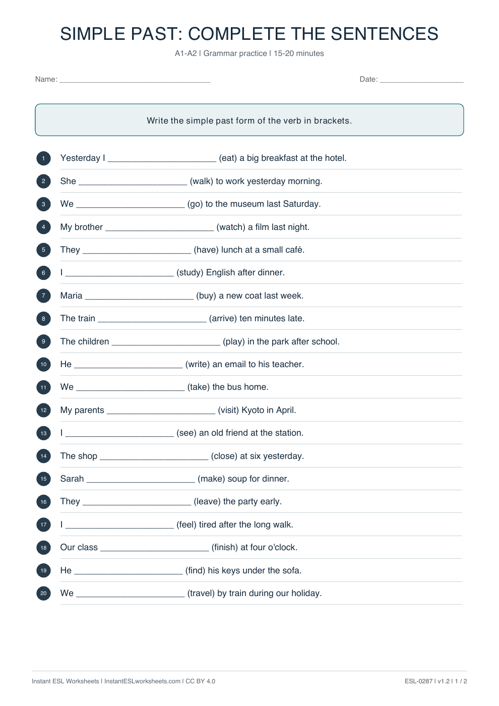 Page 1 of Simple Past: Complete the Sentences