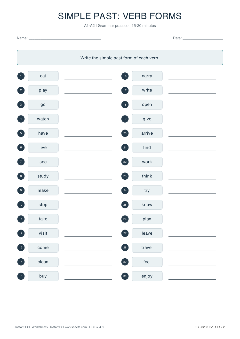 Page 1 of Simple Past: Verb Forms Practice