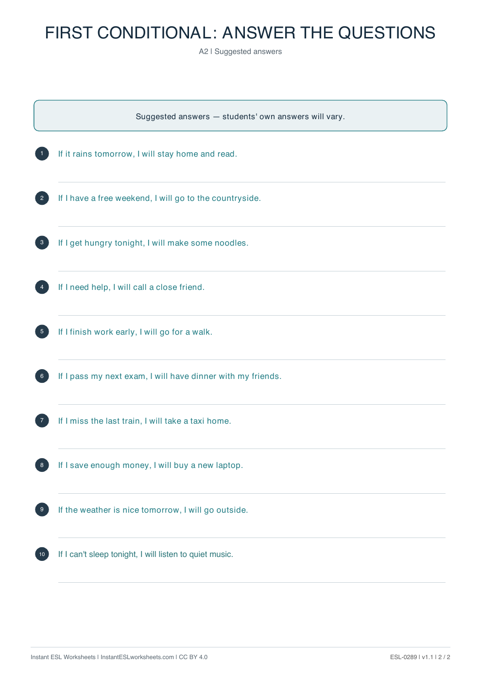 Page 2 of First Conditional: Answer the Questions - answer key