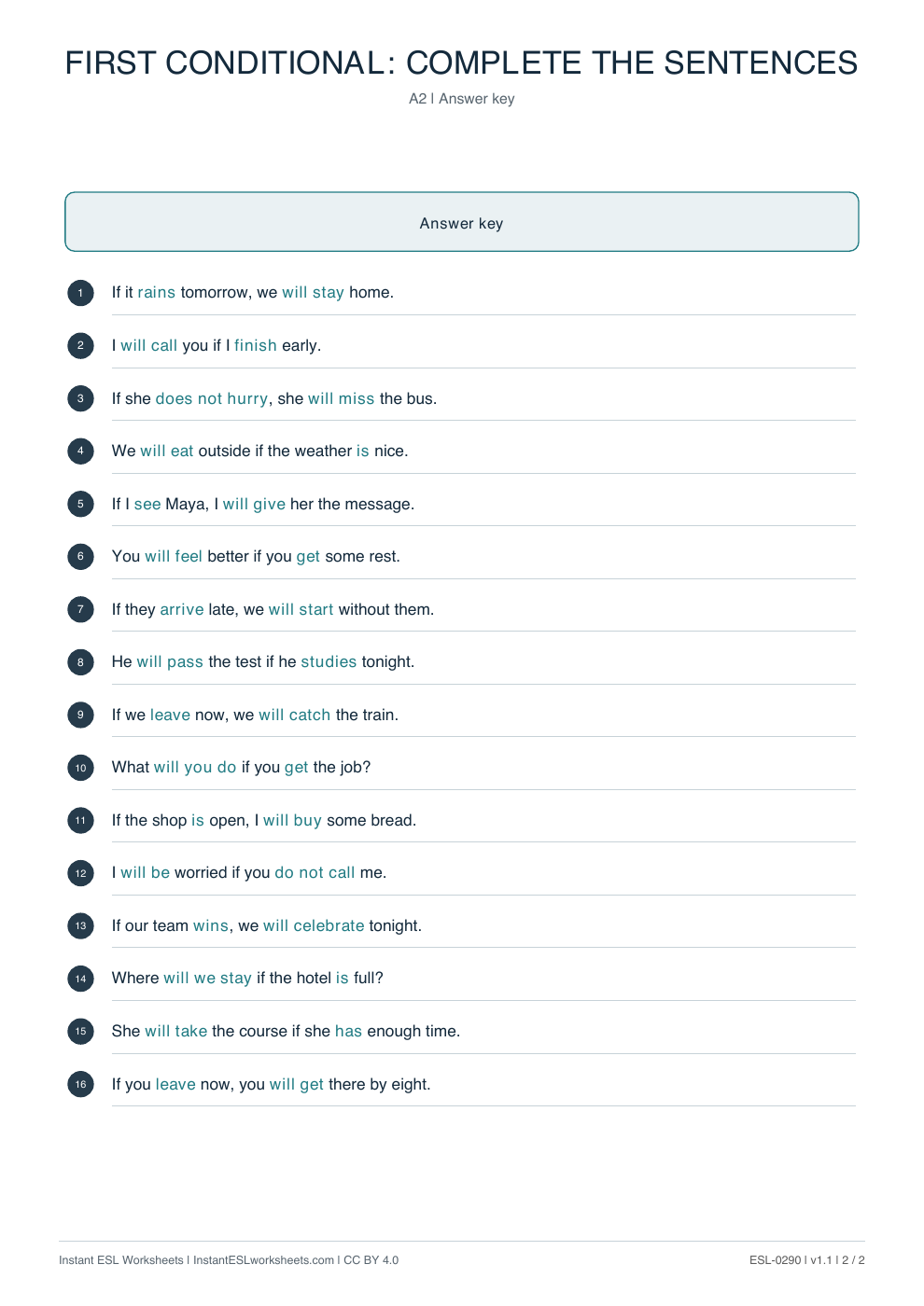 Page 2 of First Conditional: Complete the Sentences - answer key