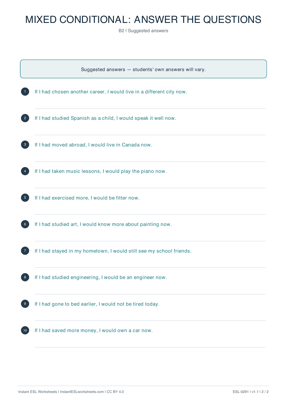 Page 2 of Mixed Conditional: Answer the Questions - answer key