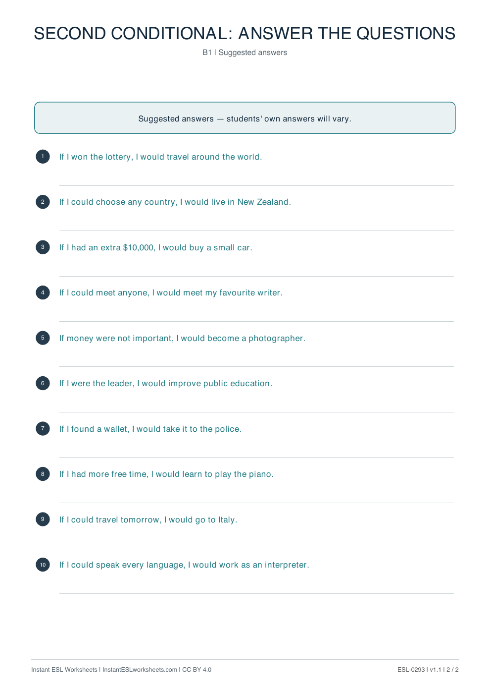 Page 2 of Second Conditional: Answer the Questions - answer key