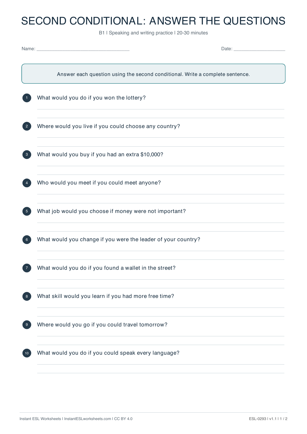 Page 1 of Second Conditional: Answer the Questions