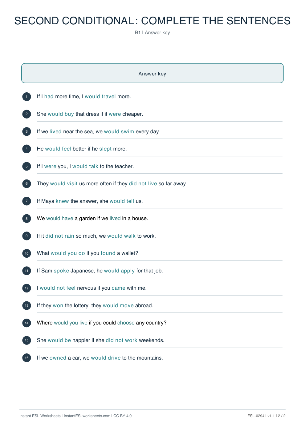 Page 2 of Second Conditional: Complete the Sentences - answer key