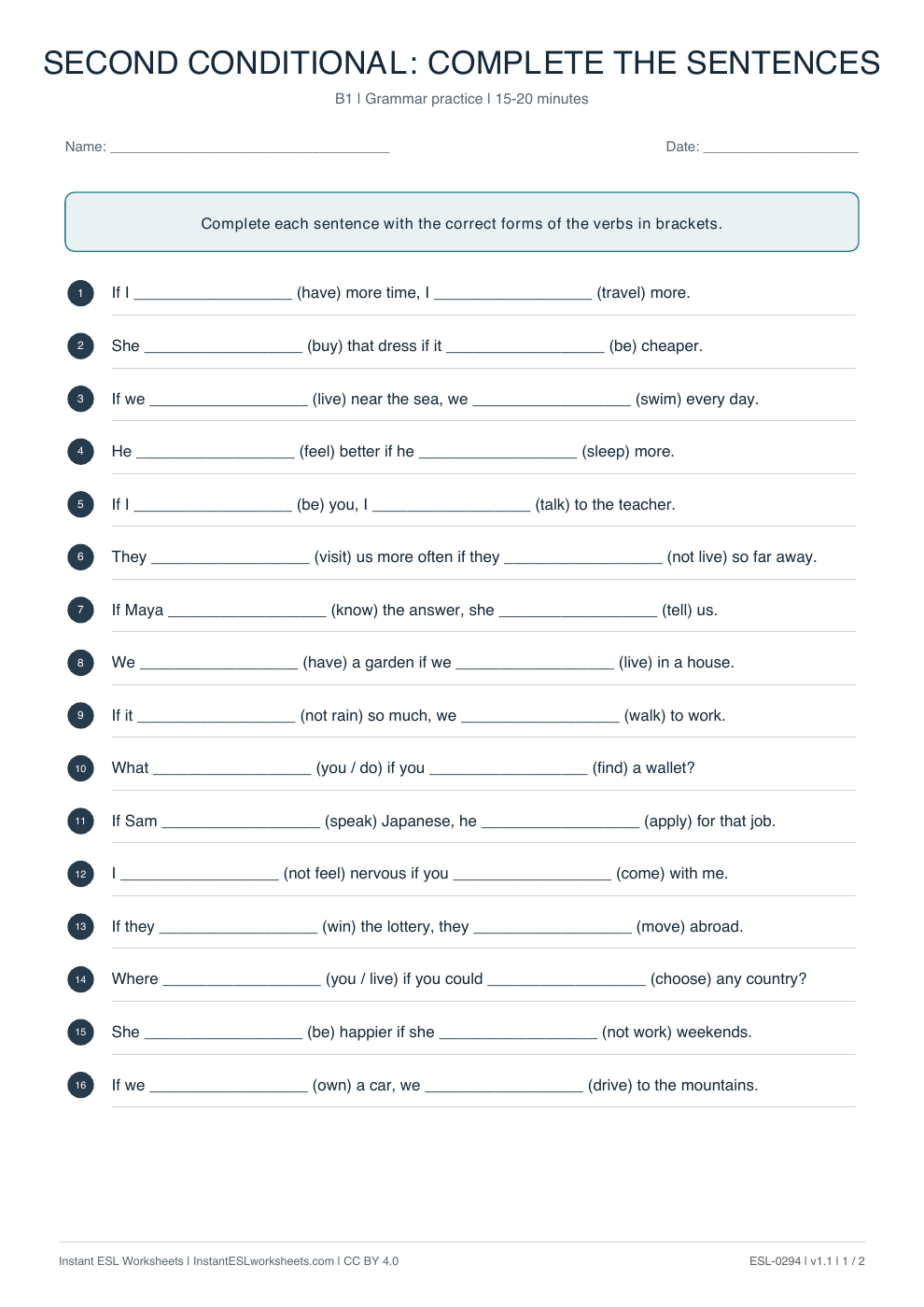 Page 1 of Second Conditional: Complete the Sentences