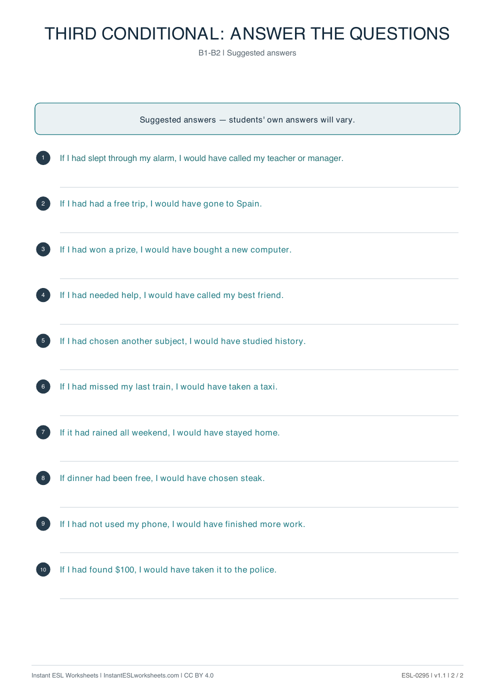 Page 2 of Third Conditional: Answer the Questions - answer key