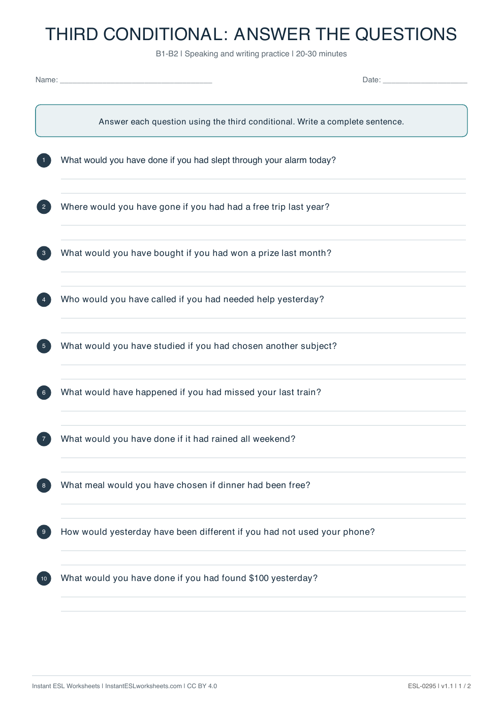 Page 1 of Third Conditional: Answer the Questions